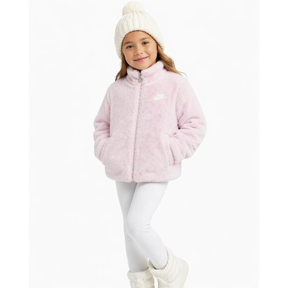 Nike Other - Nike Girls Faux Fur Fuzzy Swoosh Bomber Jacket Pink Size 5-6 Medium